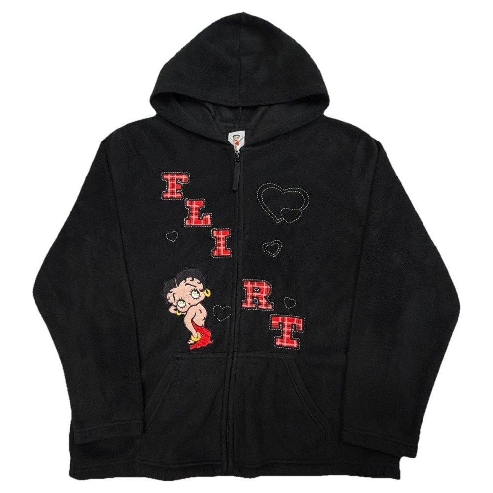 Betty Boop Black Fleece Zip Hoodie Womens XL Flirt Heart Graphic Full Zip